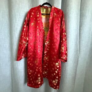 Unbranded Kimono Robe Women One Size Red Floral Brocade Satin Lined Long Sleeve